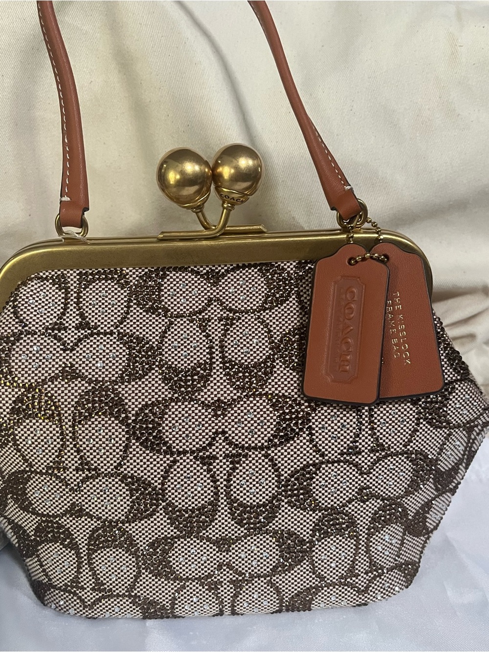 Coach Brown Signature Kiss-Lock Frame (16) comes with tags, strap, dust bag. New - Picture 7 of 7